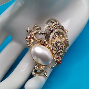 Vintage Rooster Brooch Pin Faux Pearl AB Red Rhinestone Gold Tone
